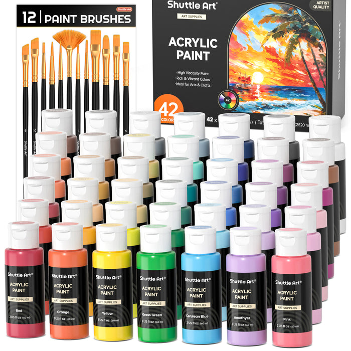 Acrylic Paint Set - 42 Colors with 12 Paint Brushes