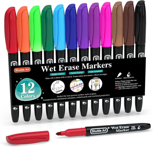 Wet Erase Markers, 1mm Fine Tip- Set of 12