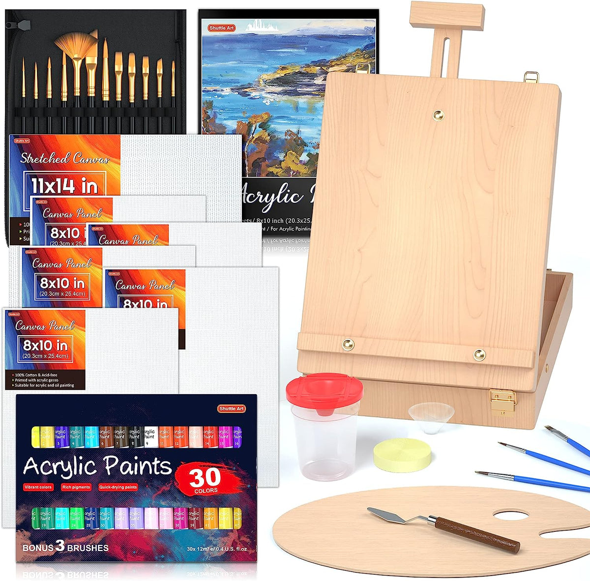 Shuttle Art 48 Pack Acrylic Paint Set, 30 Colors Acrylic Paint (36ml) with  10 Brushes 5 Canvas 1 Paint Knife 1 Palette 1 Art Sponge, Complete Set for