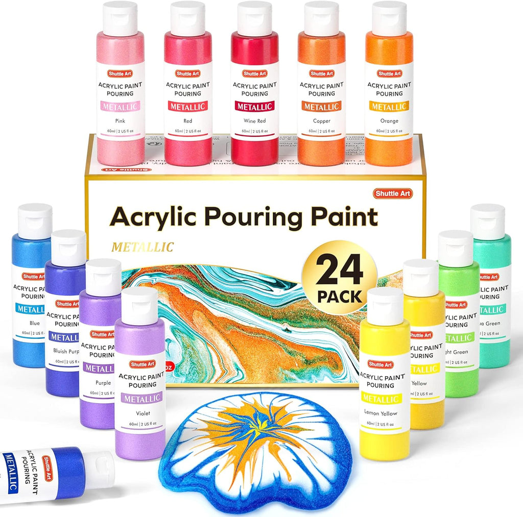 Shuttle Art Acrylic Pouring Paint, Set of 36 Bottles (2 oz/60ml) Pre-Mixed  High-Flow Acrylic Paint Pouring Supplies with Canvas, Silicone Oil