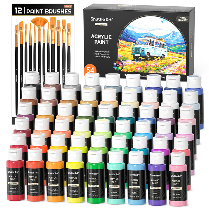 Acrylic Paint Set- 54 Colors with 12 Paint Brushes, 2oz/60ml Bottles