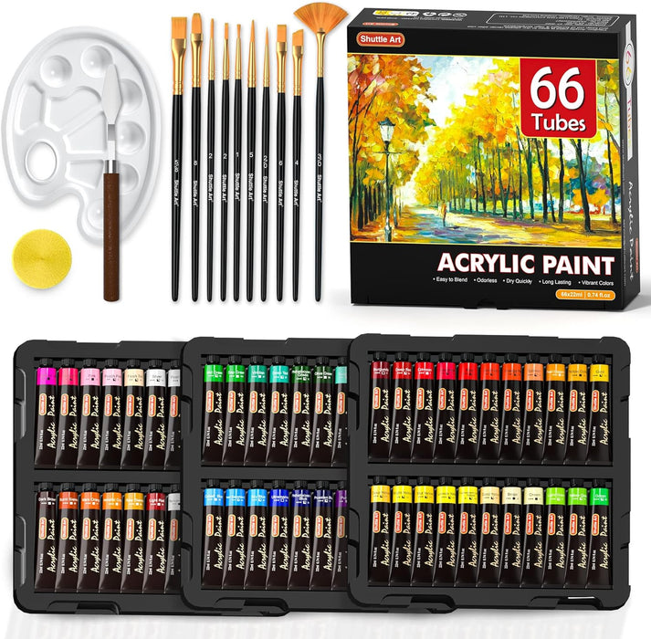 Acrylic Paint, 66 Colors Acrylic Paint with 10 Brushes, 22ml/0.74oz Tubes - Set of 82