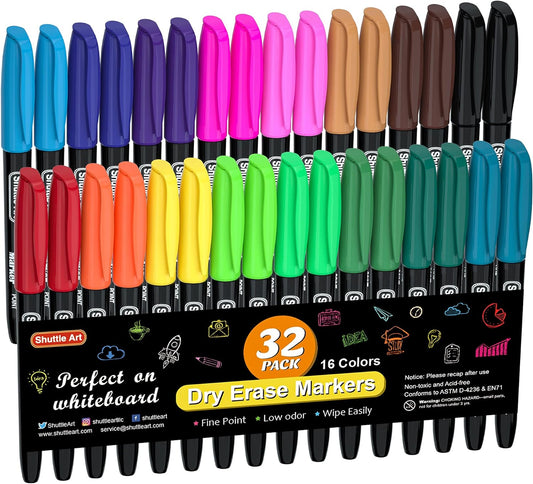 Dry Erase Markers - 32 Pack, 16 Colors