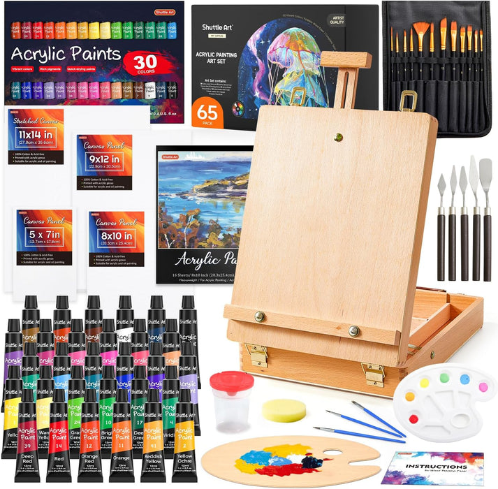 Shuttle Art 69 Pack Acrylic Paint Set, Acrylic Painting Set with 2 Pack of  15 Colors Acrylic Paint, 3 Sets of Wooden Easels, Canvas, Brushes &  Palettes, Art Painting Supplies for Kids Adults Beginner