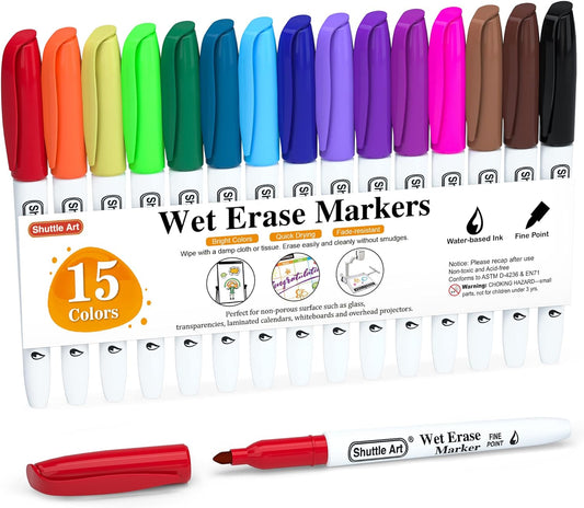 Wet Erase Markers, 1mm Fine Tip- Set of 15