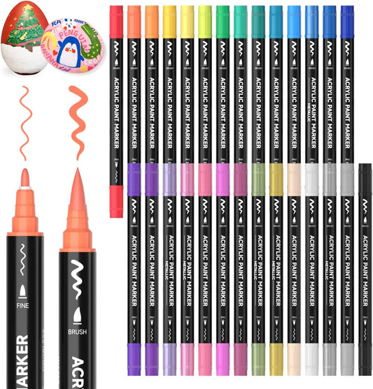 Dual Tip Acrylic Paint Markers, Brush Tip and Fine Tip - 28 Colors