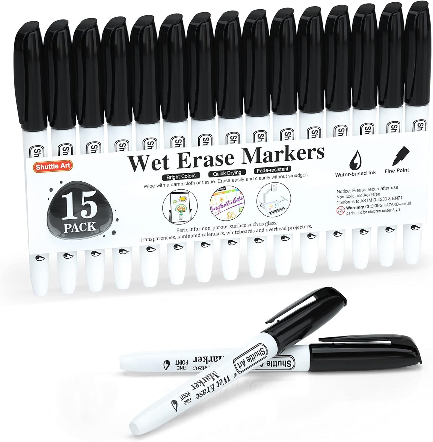 Black Wet Erase Markers, 1mm Fine Tip- Set of 15