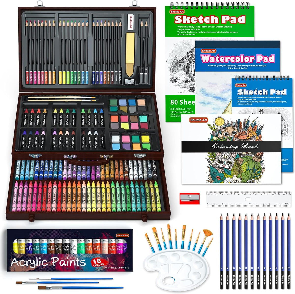 Wooden Art Kit Painting Supplies in Portable Wooden Art Case, Acrylic  Paints, Oil Pastels, Colored Pencils, Portable Art Paint 