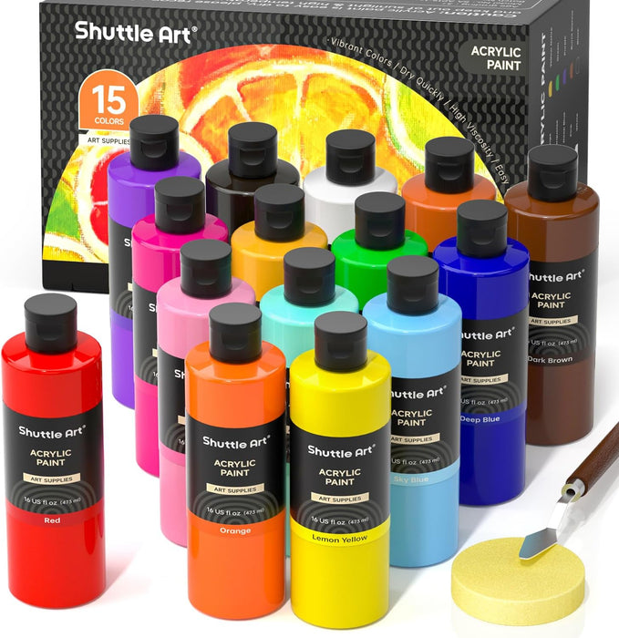 Acrylic Paint Large Bottle Set - 15 Colors, 473ml/16oz Each