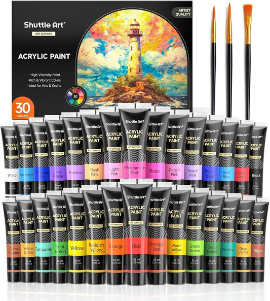 Acrylic Paint, 30*36ml tubes with 3 Brushes - Set of 30