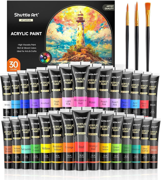 Acrylic Paint, 30*36ml tubes with 3 Brushes - Set of 30