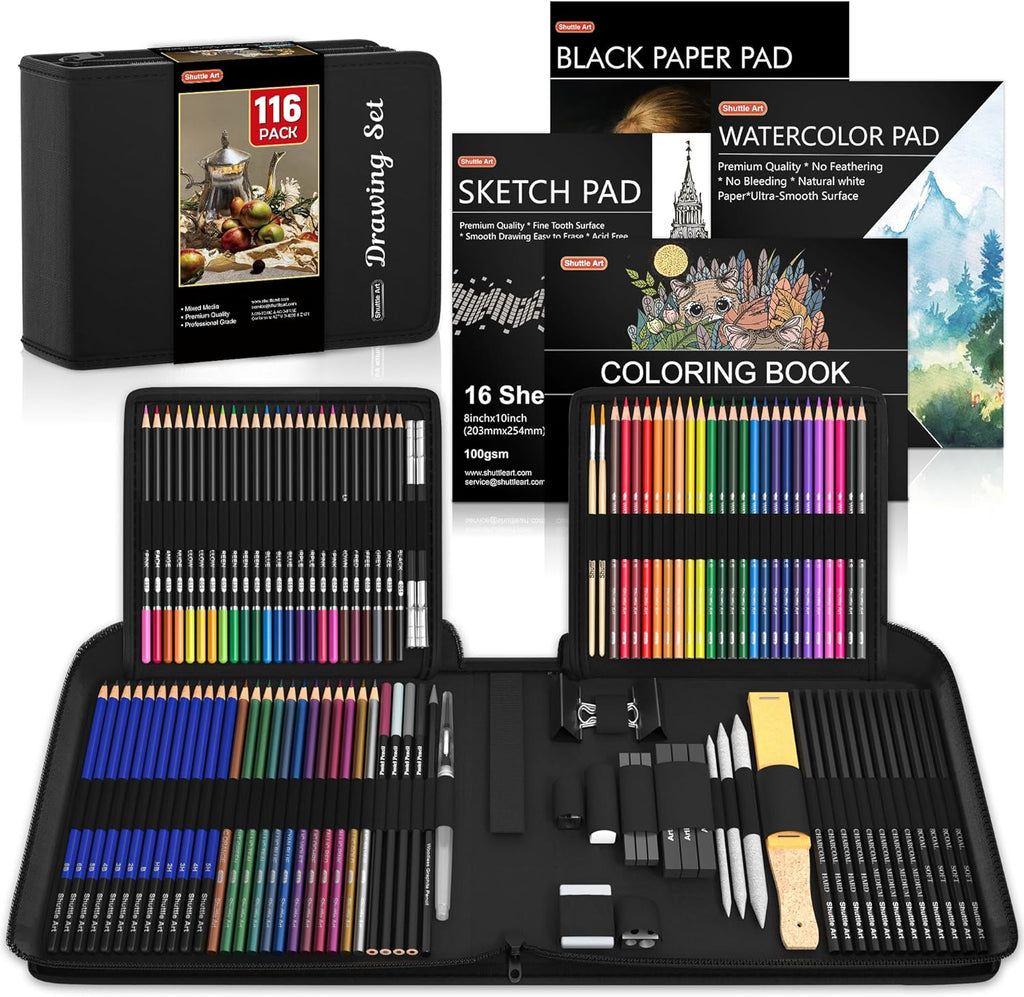 Shuttle Art 123 Pack Art Pencil Set, 36 Watercolor Pencils,36 Oil Based  Pencils,12 Sketch Pencils,12 Metallic Color Pencils,12 Charcoal Pencils,15  Pieces Drawing Kit, Great Gift for Kids Adults 