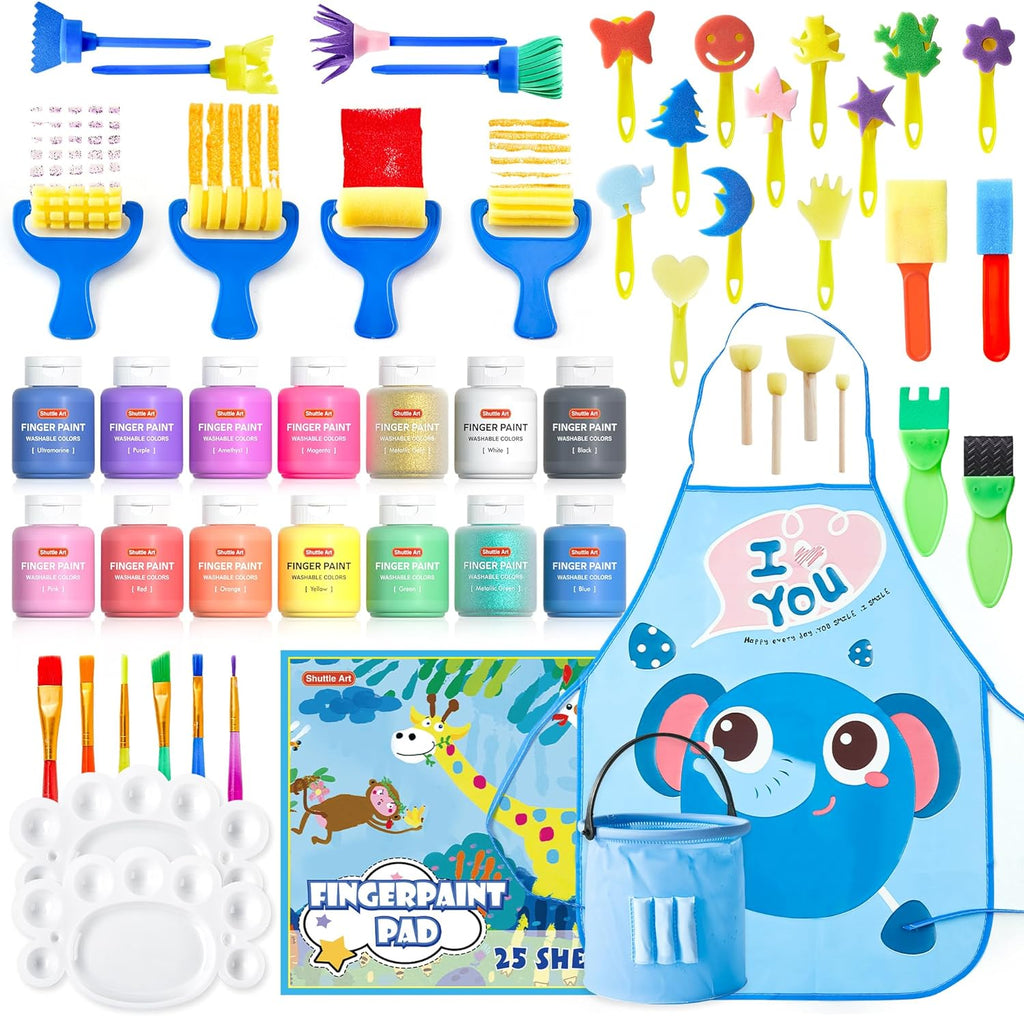 Washable Finger Paint, Shuttle Art 44 Pack Kids Paint Set with 36 Colors  Toddler Paints(30ml, 1oz) for Toddlers, Paint Brushes, Finger Paint Paper