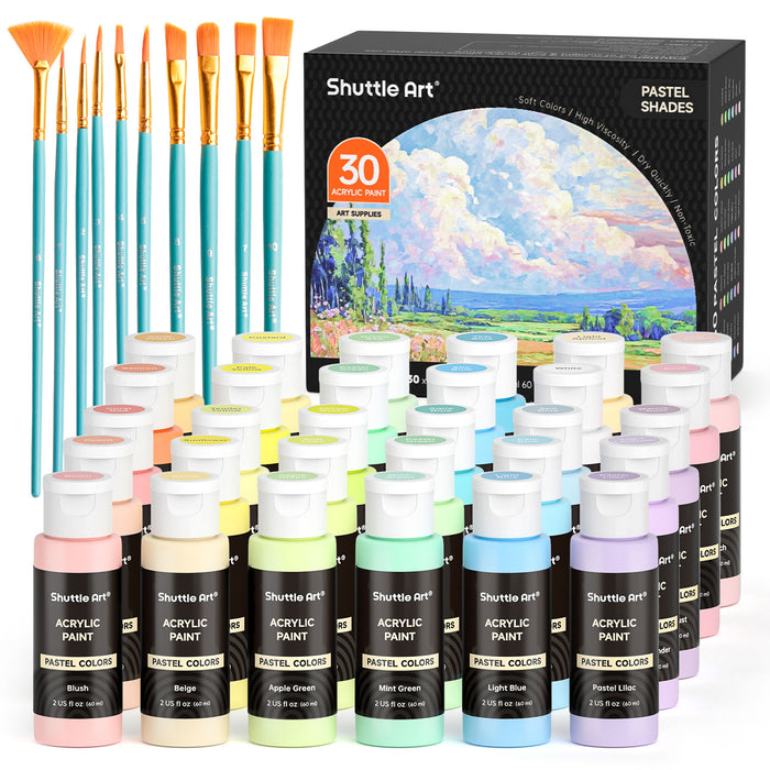 Pastel Acrylic Paint - Set of 30 Colors with 10 Paint Brushes