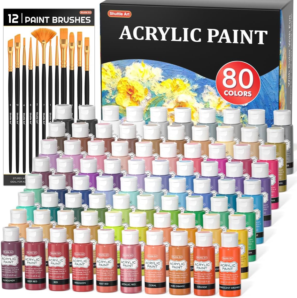 Shuttle Art Acrylic Paint Set, 15 x 12ml Tubes Artist Quality Non Toxic Rich Pigments Colors Perfect for Kids Adults Beginners Artists Painting on