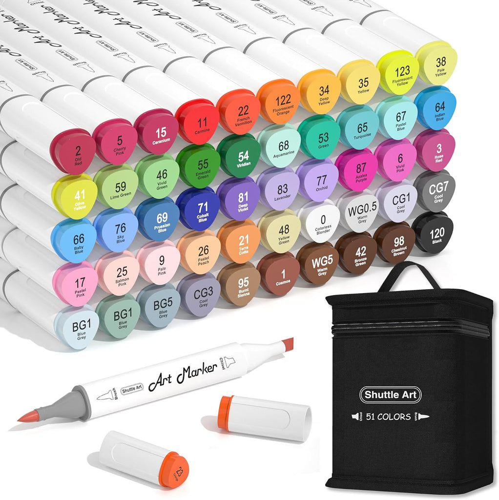 51 Colors Alcohol Brush Markers, Dual Tip (Brush & Chisel) Art