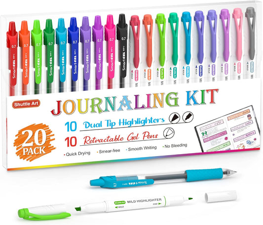 Journaling Kit - Set of 20 (10 Colors Highlighters & 10 Colors Retractable Gel Ink Pens)