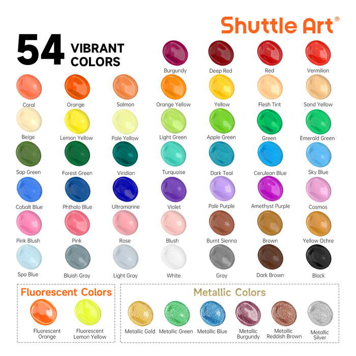 Acrylic Paint Set- 54 Colors with 12 Paint Brushes, 2oz/60ml Bottles