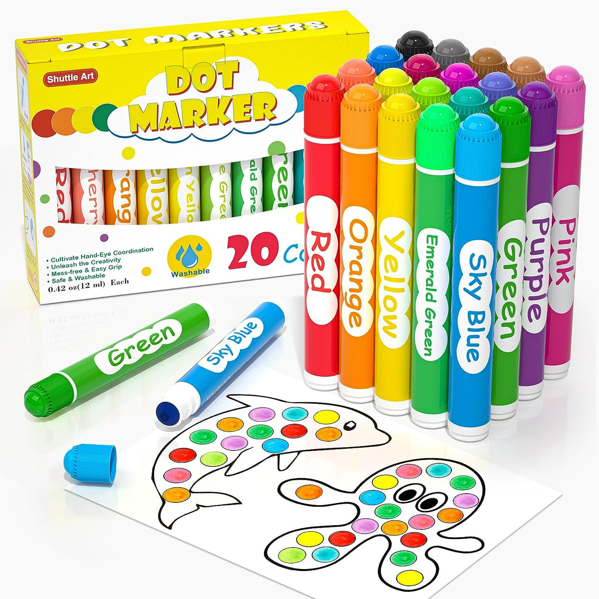 Shuttle Art Dot Markers, 15 Colors Washable Markers for Toddlers