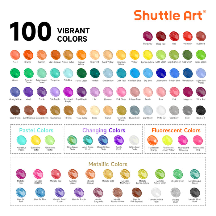 Acrylic Paint Set- 100 Colors, Include 2 Sets of 12 Paint Brushes