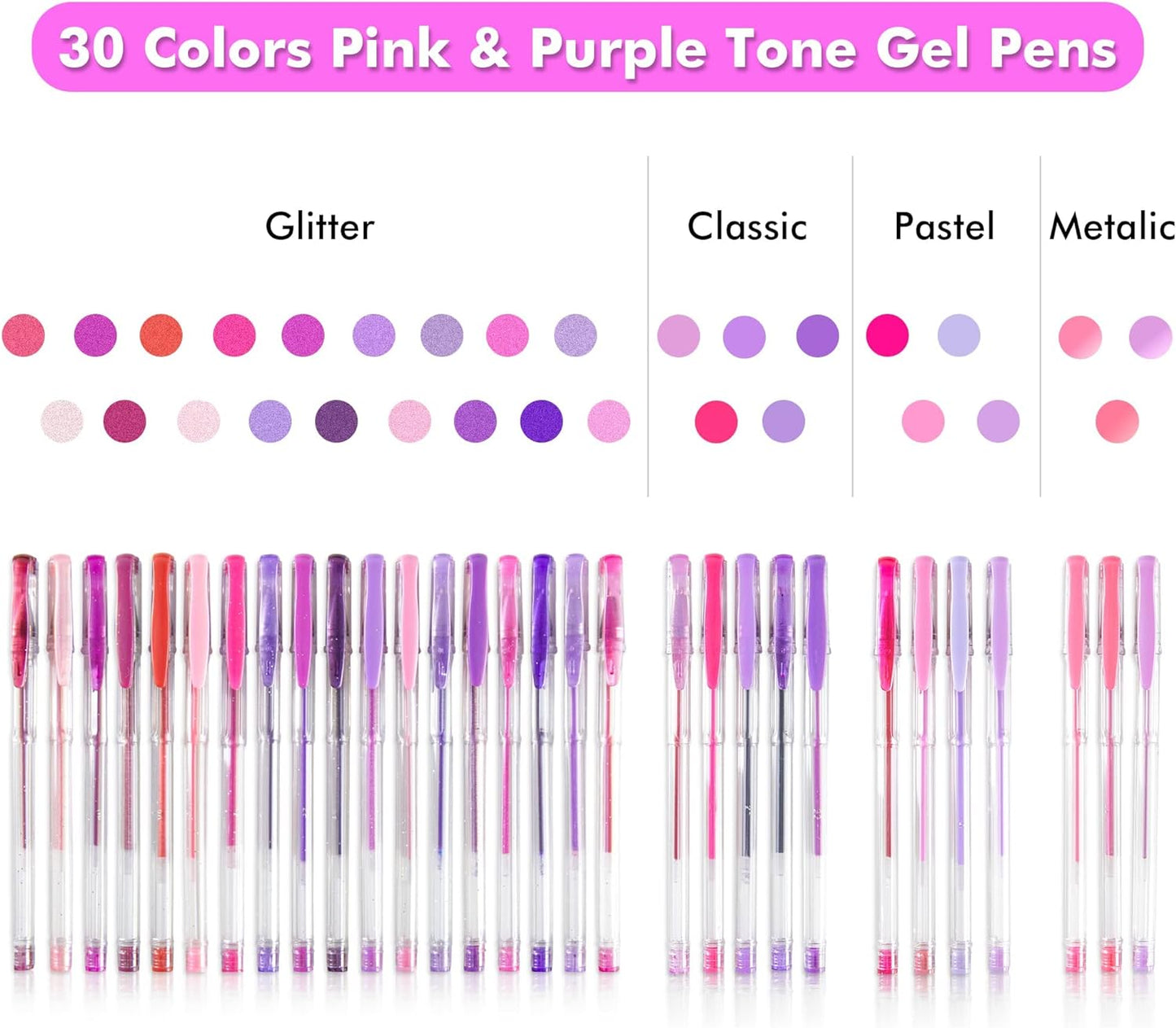 Pink Purple Gel Pens- Set of 30 with 30 Refills