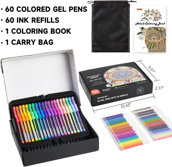 Soucolor 60 Colored Gel Pens for Adult Coloring Books, Deluxe 120 Pack- 60  Refills and Travel Case, with 40% More Ink Markers Set for Drawing