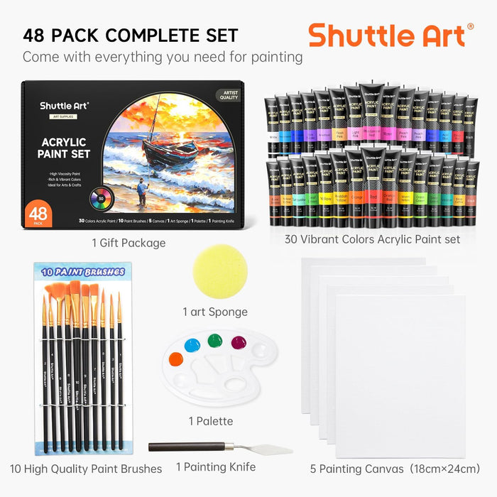 Acrylic Paint, 30*36ml Tubes and 18 tools - Set of 48