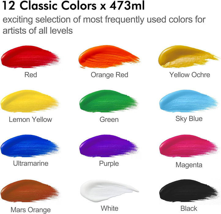 Acrylic Paint Large Bottle - 12 Colors, 473ml/16oz Each