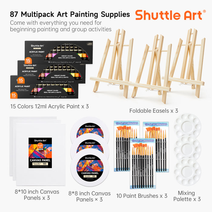 Acrylic Paint Set- 87 Pack, with Acrylic Paint, Wooden Easels, Canvas, Brushes