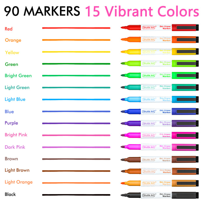 Dry Erase Markers, 15 Colors - Set of 90