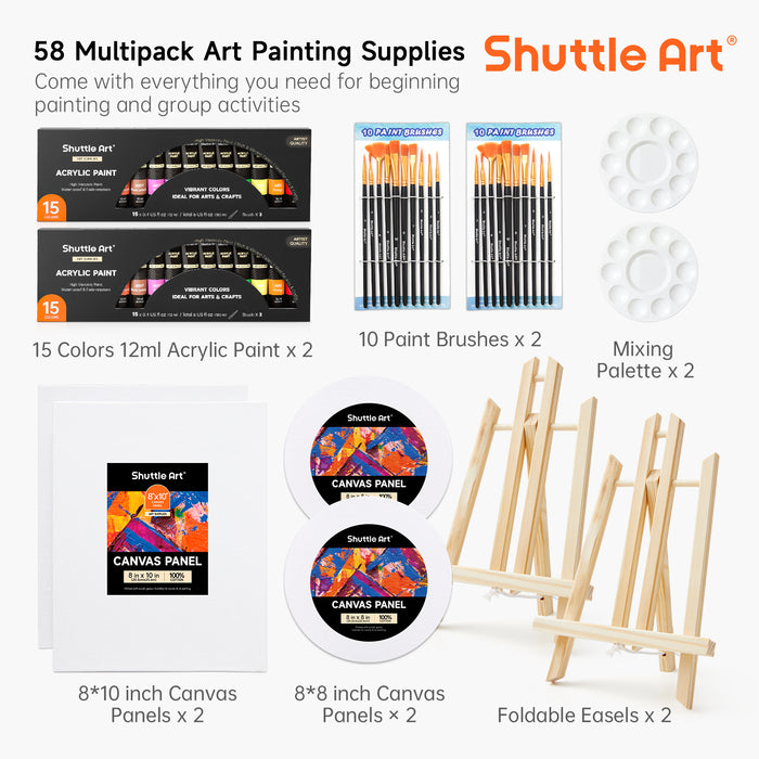 Acrylic Paint Set- 58 Pack with Acrylic Paint, Wooden Easels, Canvas, Brushes