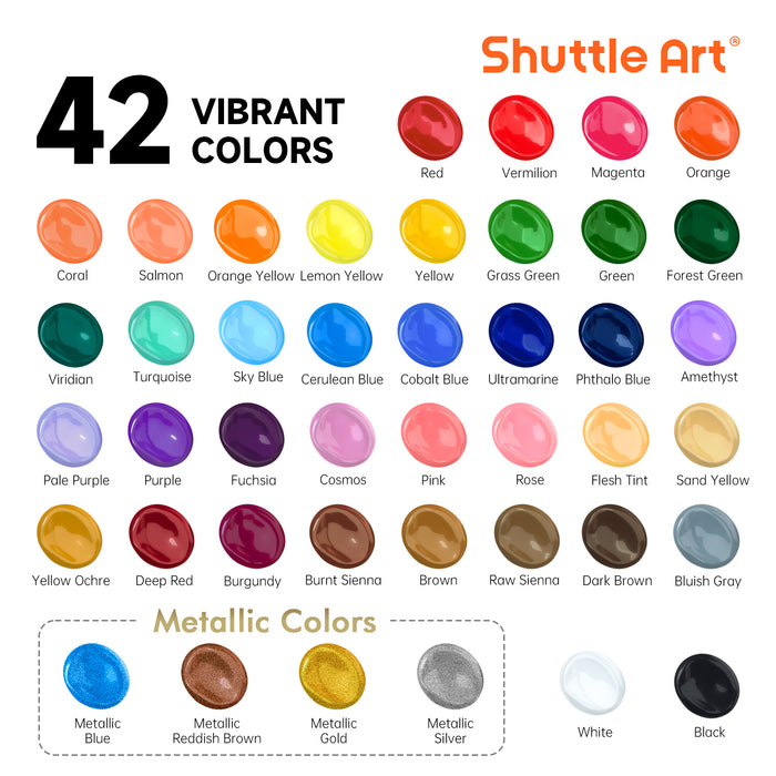 Acrylic Paint Set - 42 Colors with 12 Paint Brushes