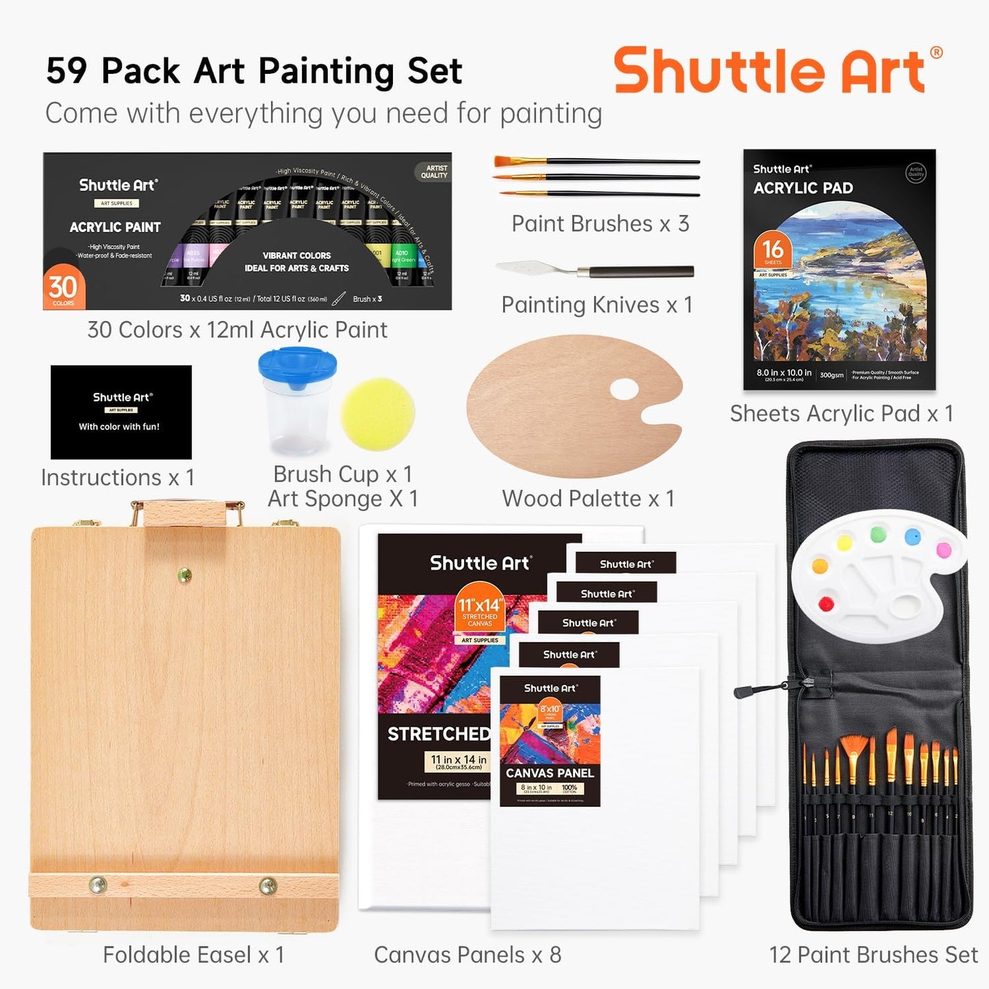 Acrylic Painting Set - 59 Pack with Wood Easel