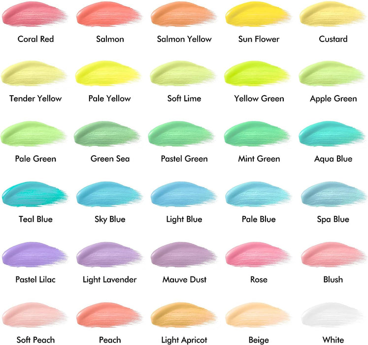 Pastel Acrylic Paint - Set of 30 Colors with 10 Paint Brushes