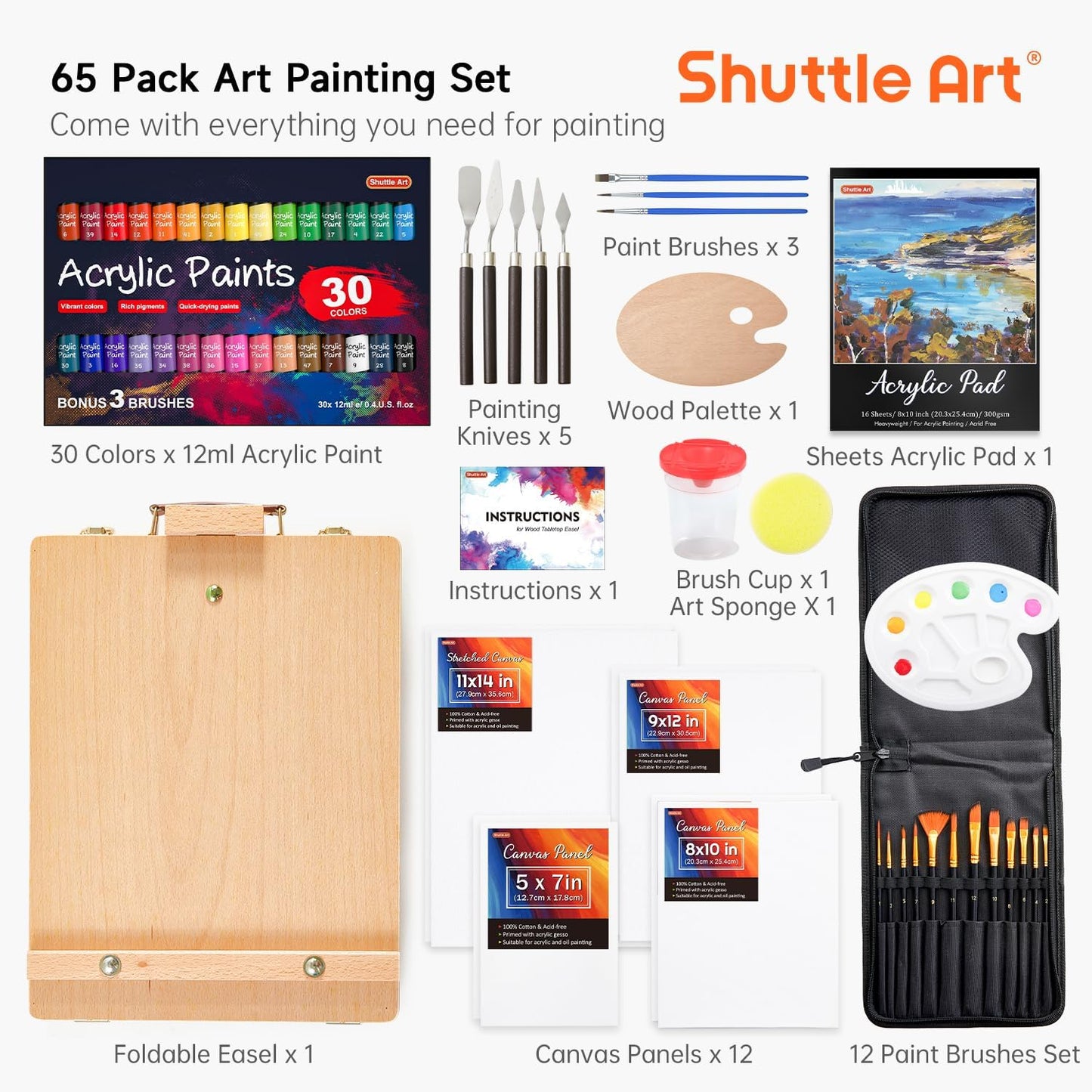 Acrylic Painting Set - 65 Pack with Wooden Easel