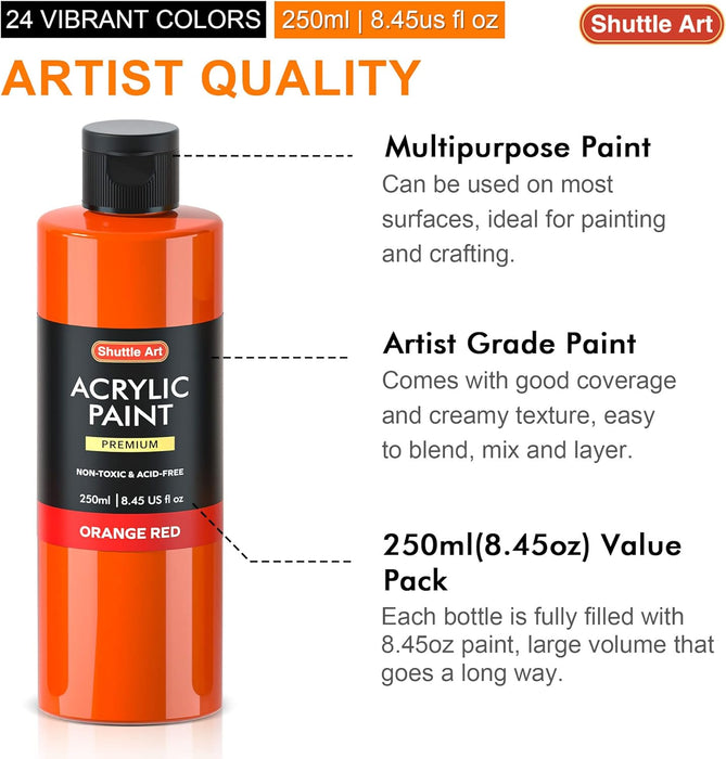 Acrylic Paint Bottle Set - 24 Colors, 250ml/8.45oz Each