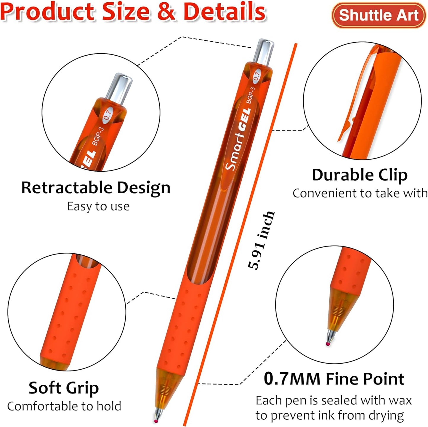 Retractable Gel Ink Pens with Grip, Medium Point (0.7mm) - Set of 20