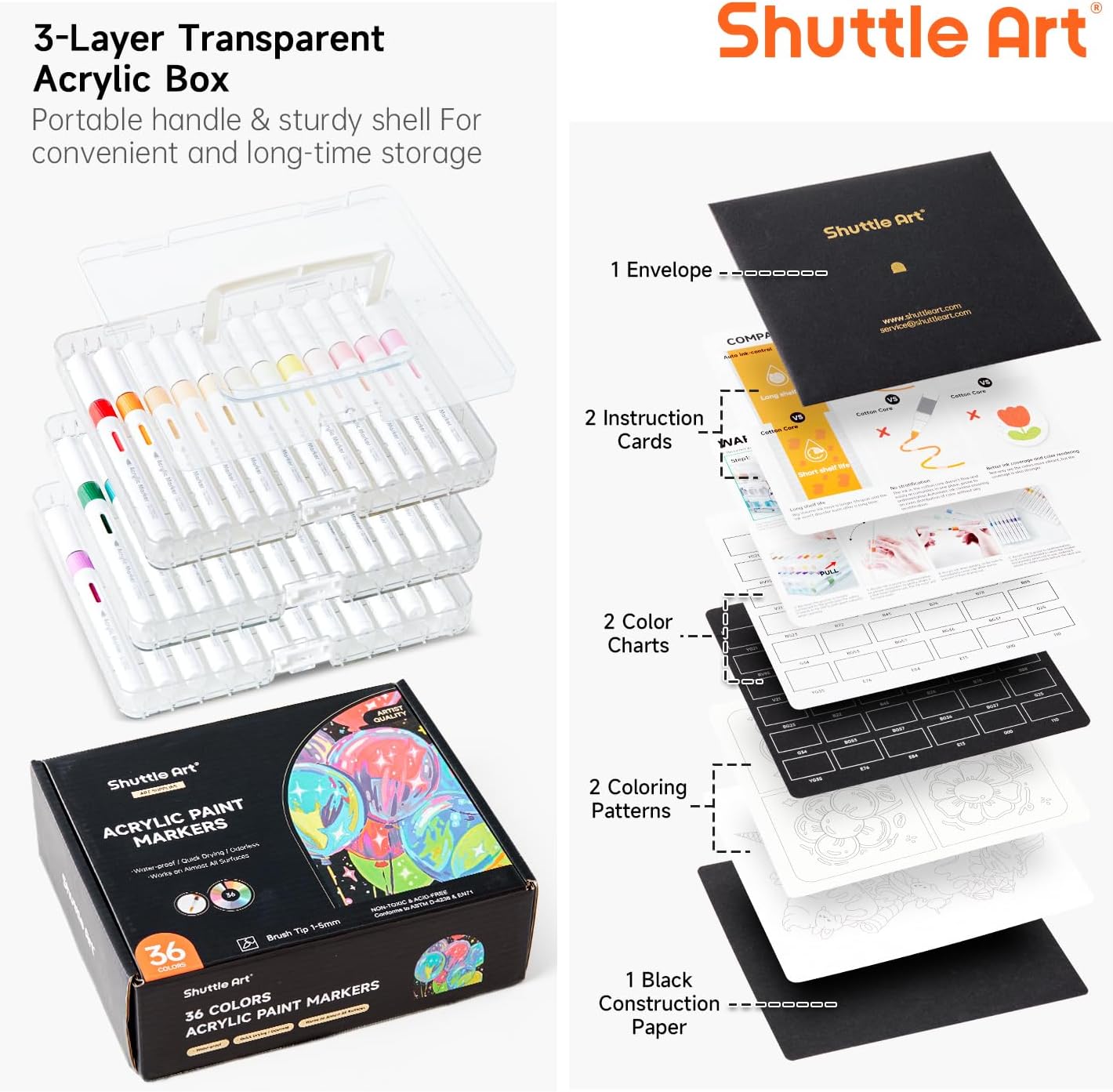 Automatic Ink Control Acrylic Paint Markers, 36 Colors Brush Tip