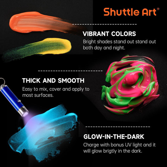 Glow in the Dark Paint, 12 Colors with UV Light, 2oz/60ml Bottles