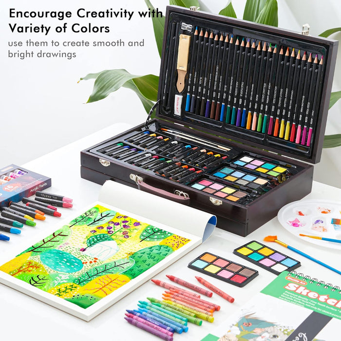 Shuttle Art 118 Piece Deluxe Art Set, Art Supplies in Wooden Case, Painting Drawing Art Kit with Acrylic Paint Pencils Oil Pastels Watercolor Cakes