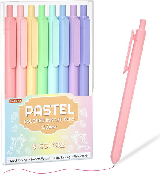 Retractable Gel Pens- Set of 8 Pastel Ink Colors