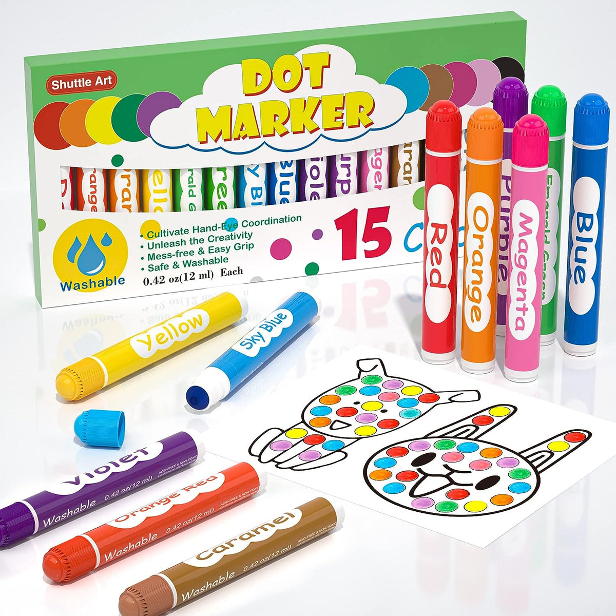 Jumbo Washable Dot Markers for Kids (10 Colors) Washable, No Mess Pres