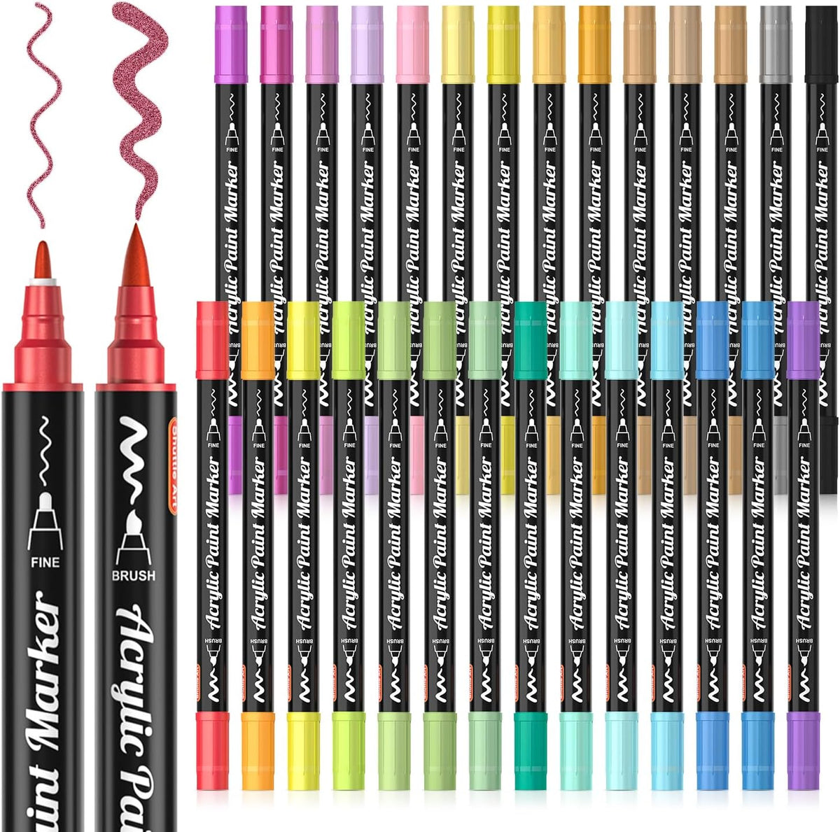 JEFFNIUB Dual Tip Acrylic Paint Pens Markers 24 Colors, Brush Tips 