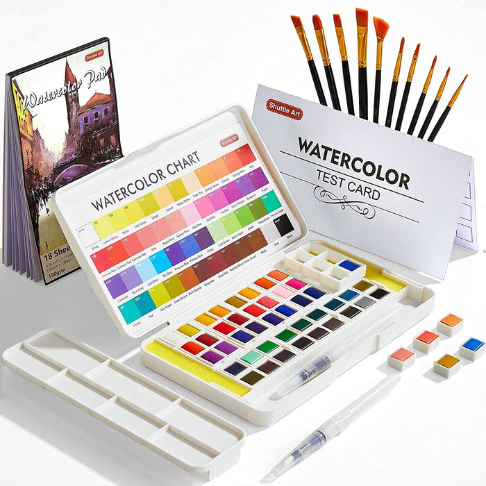Watercolor Paint Set, 48 Colors, Water Brush Pens, Sponges, and