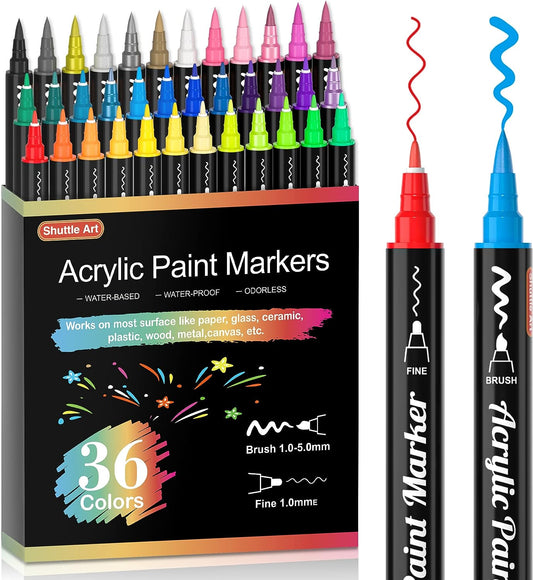 Acrylic Paint Brush Markers, Dual Tip-Set of 36