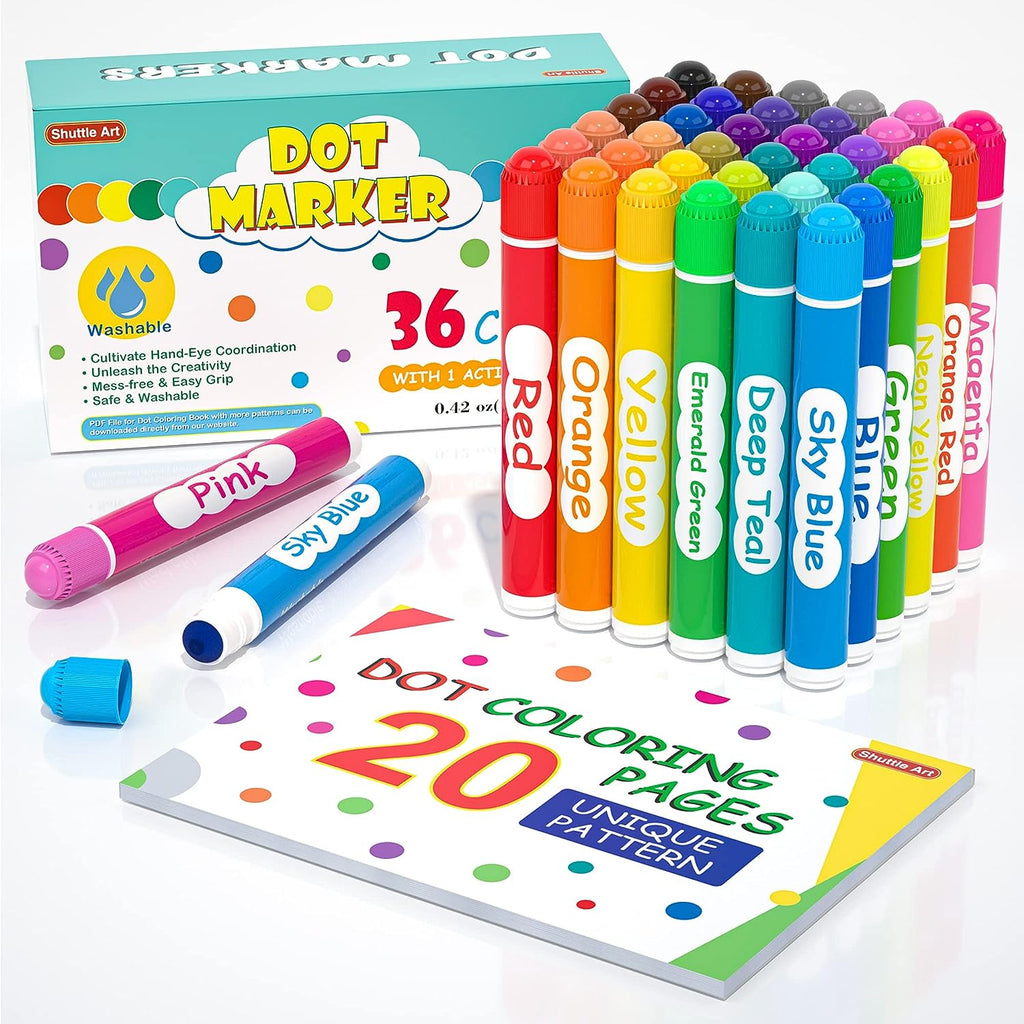 Shuttle Art 48 Pack Washable Dot Markers, 12 Assorted Colors with 6  Activity Books, Fun Art Supplies for Kids Toddlers, Non Toxic Water-Based  Paint