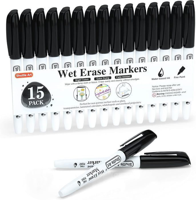 Wet Erase Markers- Set of 15 Black, 1mm Fine Tip