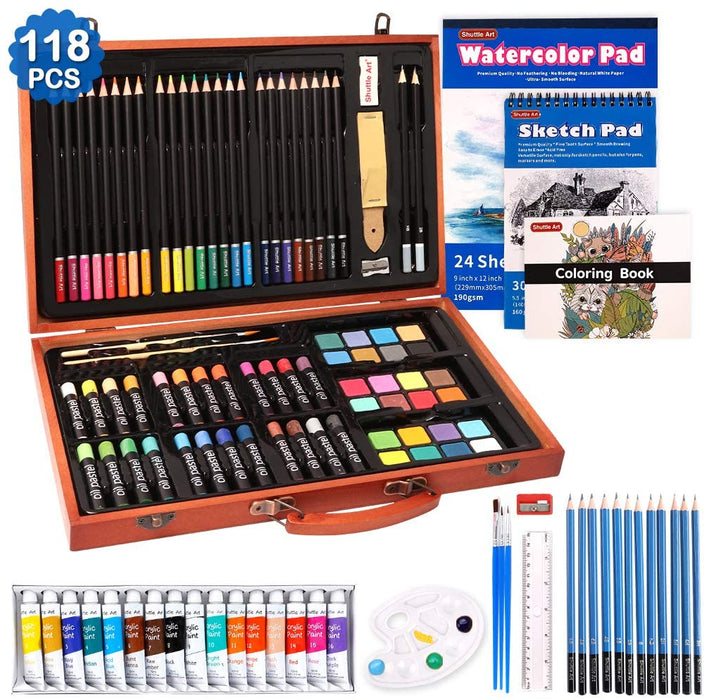 186 Piece Deluxe Art Set, Shuttle Art Art Supplies in Wooden Case, Painting  Drawing Art Kit with Acrylic Paint Pencils Oil