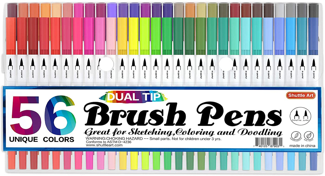 Shuttle Art Dual Brush Pens Art Markers, 56 Colors Dual Tip