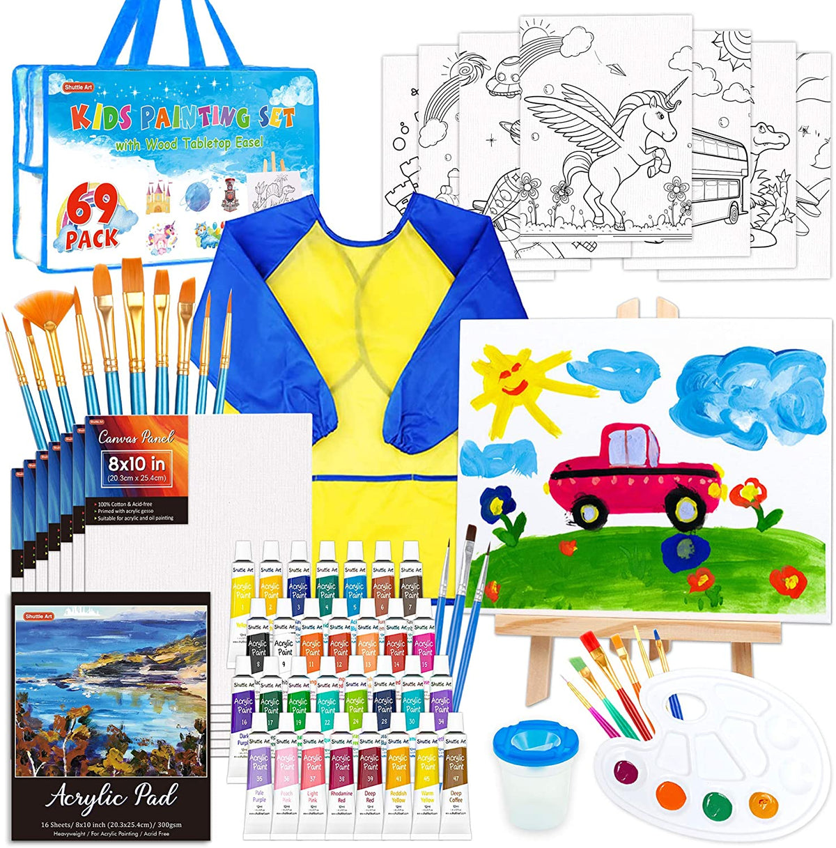 Paint Easel Kids Art Set– 14-Piece Acrylic Painting Kit with 6 Non Tox –  Budgetizer Corp